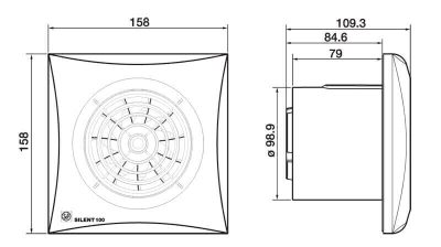 Soler And Palau SILENT-100 SILVER Bathroom Extractor Fan Dimensions 158 × 158 × 109.3 mm With Ø100 mm Connection