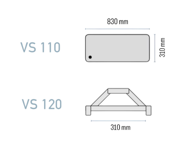 Bac à condensats Rodigas VS110 et VS120 avec supports, dimensions 830×310 mm