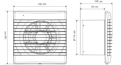 Soler And Palau DECOR-200 Bathroom Extractor Fan Dimensions 180 × 180 × 108 mm With 25 mm Front Grille Depth