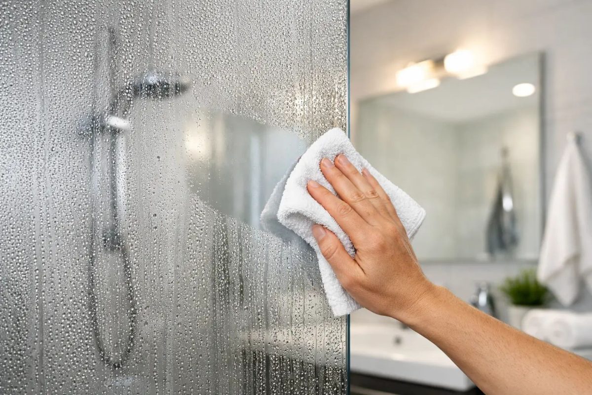 Bathroom Condensation On Mirror And Walls Caused By Excess Humidity And Poor Ventilation After A Hot Shower