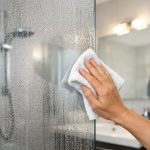 Condensation sur le miroir et les murs d'une salle de bain, causée par un excès d'humidité et une mauvaise ventilation après une douche chaude