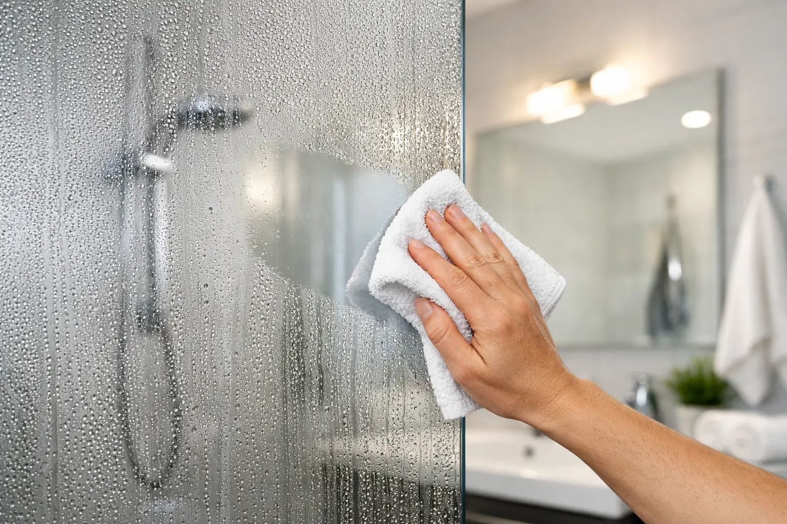 Condensation sur le miroir et les murs d'une salle de bain, causée par un excès d'humidité et une mauvaise ventilation après une douche chaude