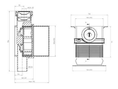 HL 138N Air Conditioner Condensate Trap Dimensions DN32 With Ø20–32 mm Inlet And Ø32 mm Outlet Connection