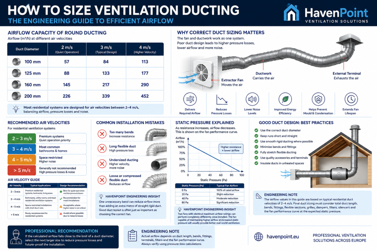 Infographic showing how to size ventilation ducting with airflow charts, duct sizing tables, recommended air velocities and HVAC engineering best practices.
