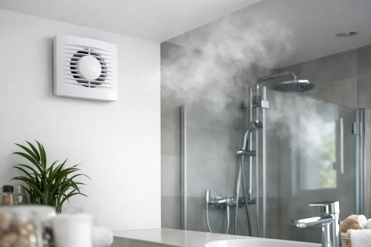 Humidity controlled bathroom extractor fan removing steam after a shower