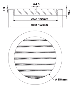 DEC International DSAV-125 C External Ventilation Grille Dimensions For Ø125 mm Air Ducts Overall Grille Size 152 mm