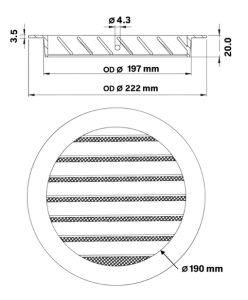 DEC International DSAV-200 C External Ventilation Grille Dimensions For Ø200 mm Air Ducts 222 mm Grille Body