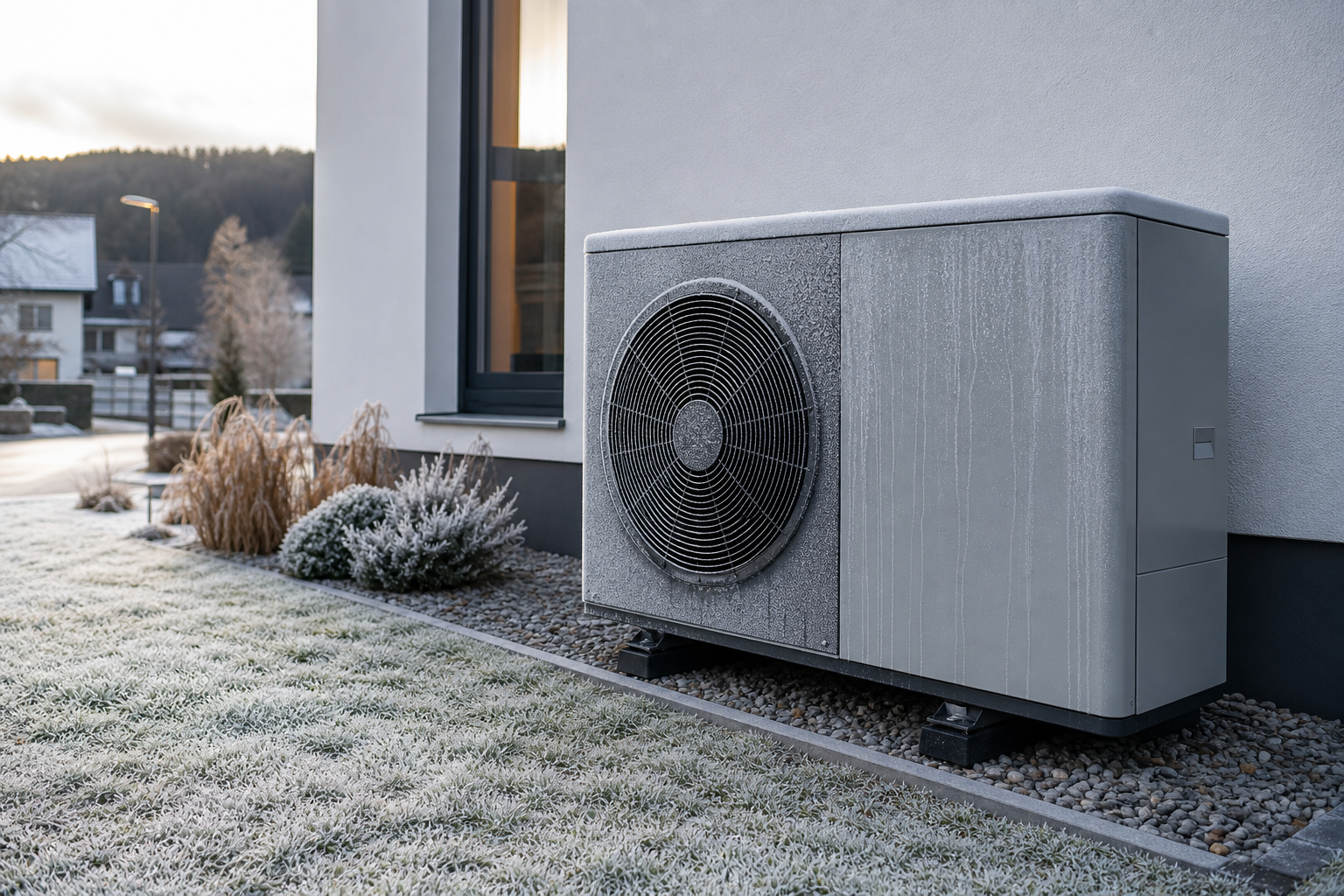 Air source heat pump outdoor unit in a European home garden with light frost on the outdoor coil