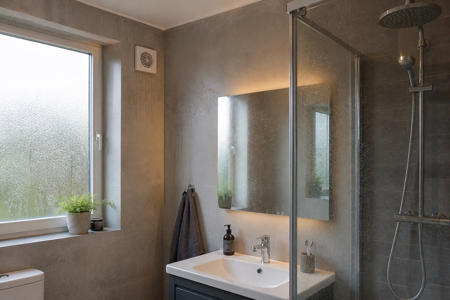Modern European bathroom after showering with lingering condensation and a small conventional wall-mounted extractor fan
