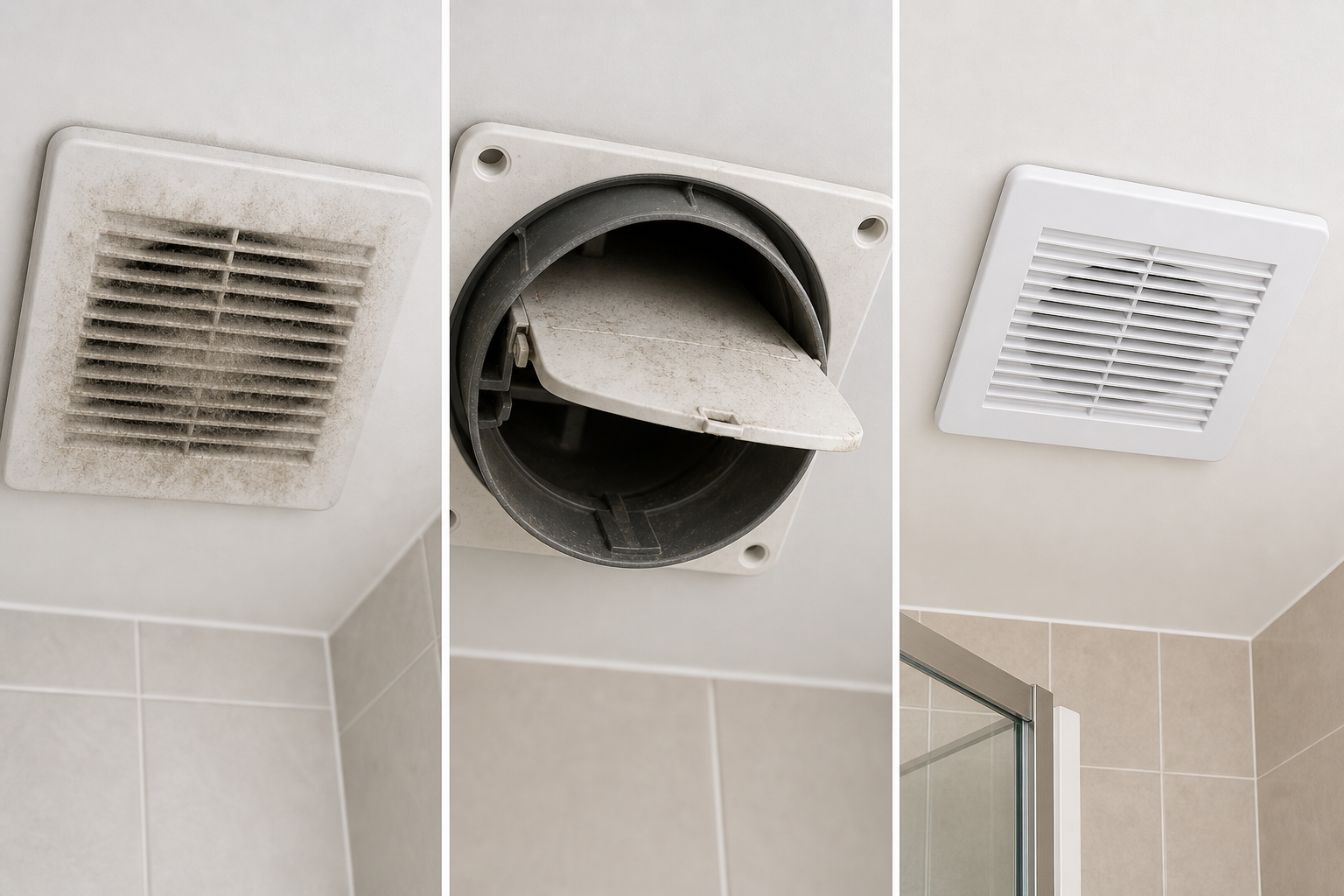 Three-panel illustration comparing a dusty fan grille, a stuck damper, and a suitable replacement fan.