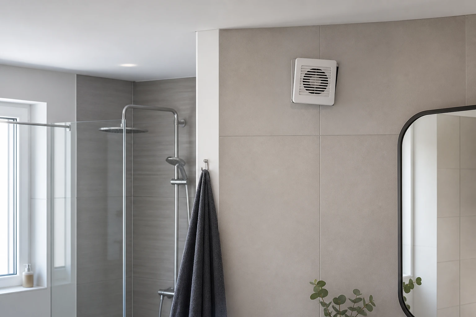 Conventional bathroom extractor fan in a modern European bathroom