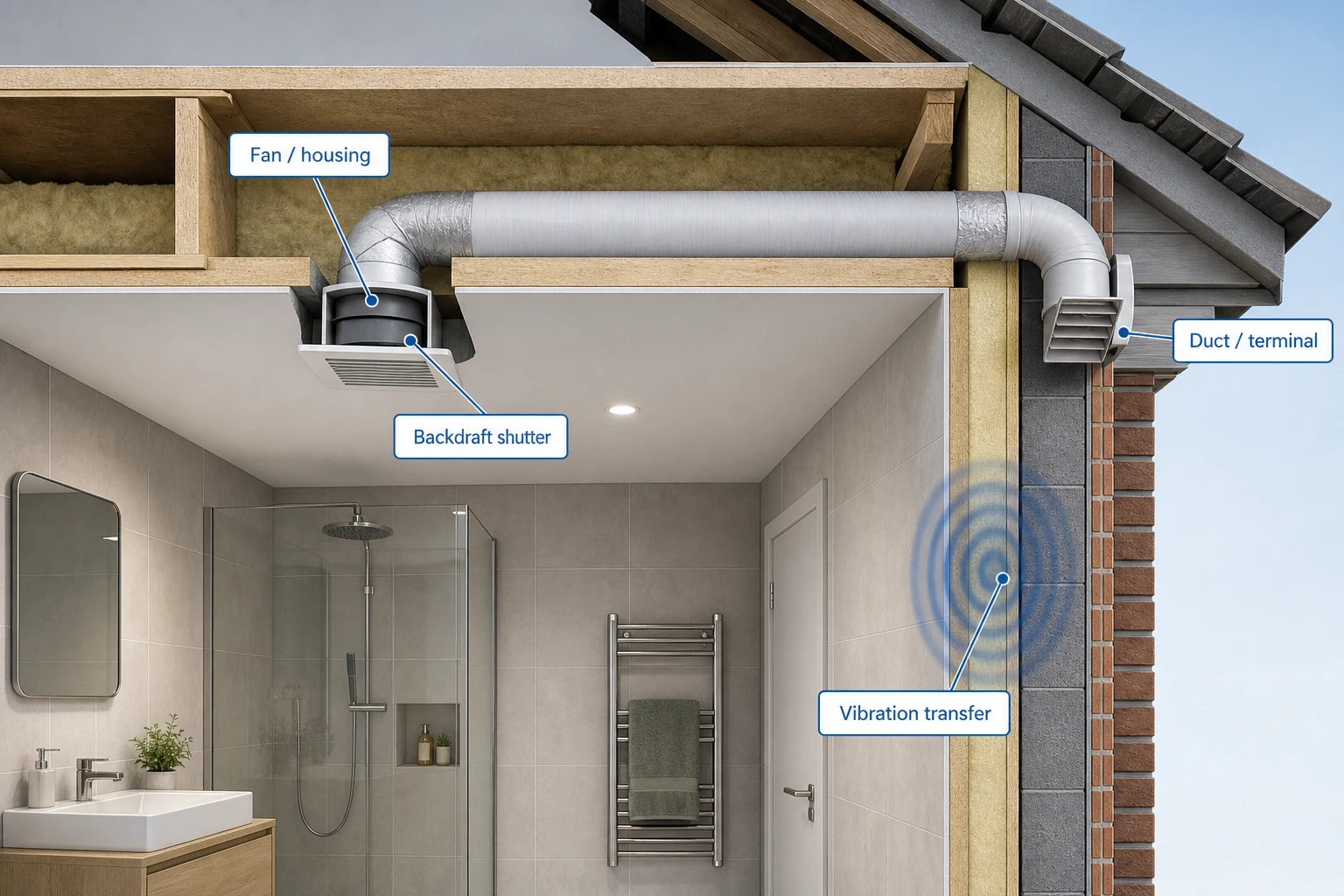 Bathroom extract system diagram marking fan housing, duct terminal, backdraft shutter and vibration transfer