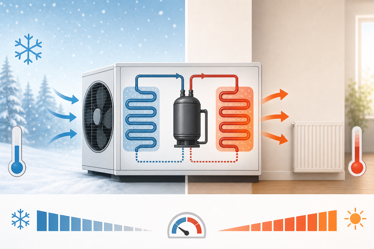Conceptual diagram showing an air source heat pump working harder as outdoor temperature falls
