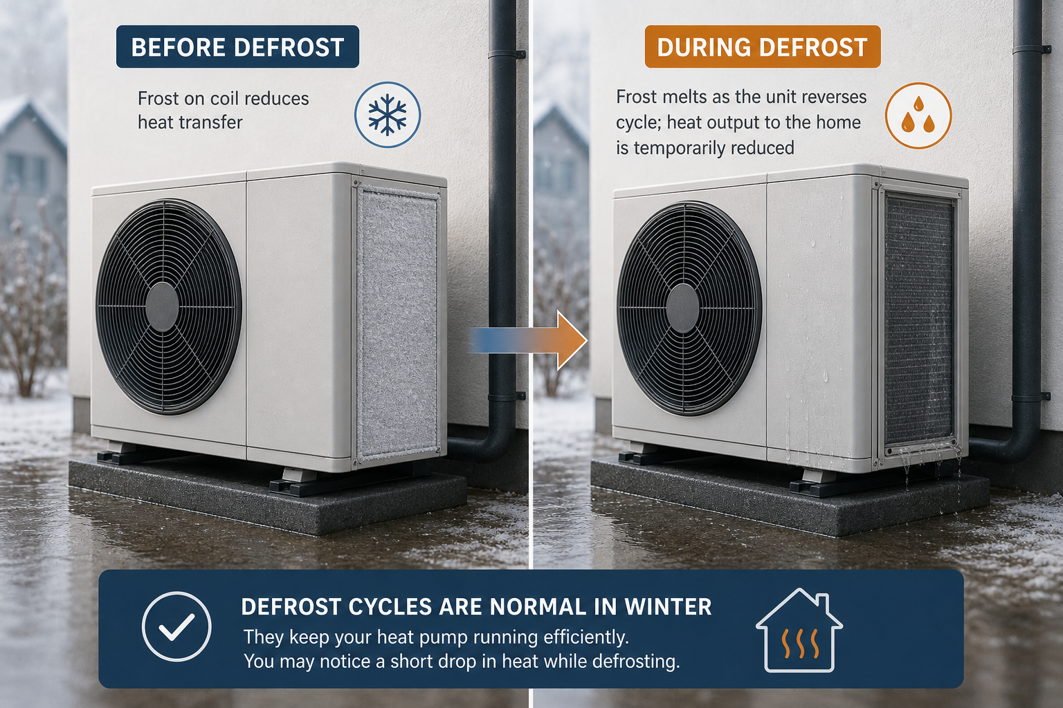Conceptual illustration of frost forming on a heat pump outdoor coil and a defrost cycle removing it