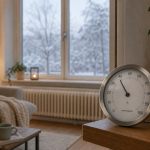 Un hygromètre indiquant l'humidité intérieure dans un salon chauffé en hiver