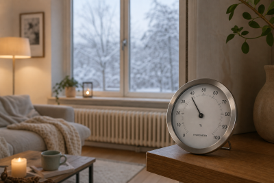 A hygrometer showing indoor humidity in a heated winter living room