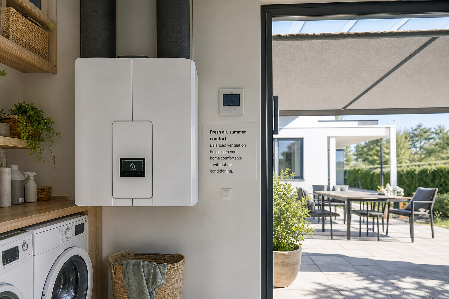 A modern European home in summer with exterior shading and a visible balanced ventilation unit concept supporting comfort without air conditioning