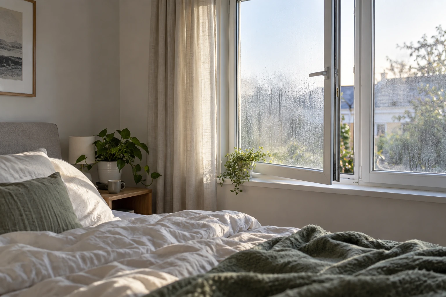 Condensación matinal en una ventana entreabierta de un dormitorio, junto a una cama corriente