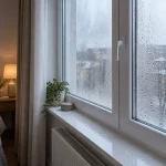 Fenêtre de chambre européenne réaliste, avec des gouttes de condensation matinales sur la face intérieure du vitrage et du cadre