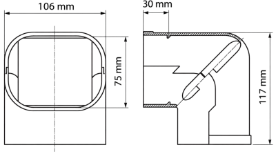 INABA DENKO SC-100-K coude vertical 90° noir, dimensions 106 × 75 × 117 mm, pour goulotte de climatisation SLIMDUCT SD-100