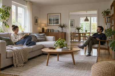 Two people in an ordinary European living room showing room size and occupancy context