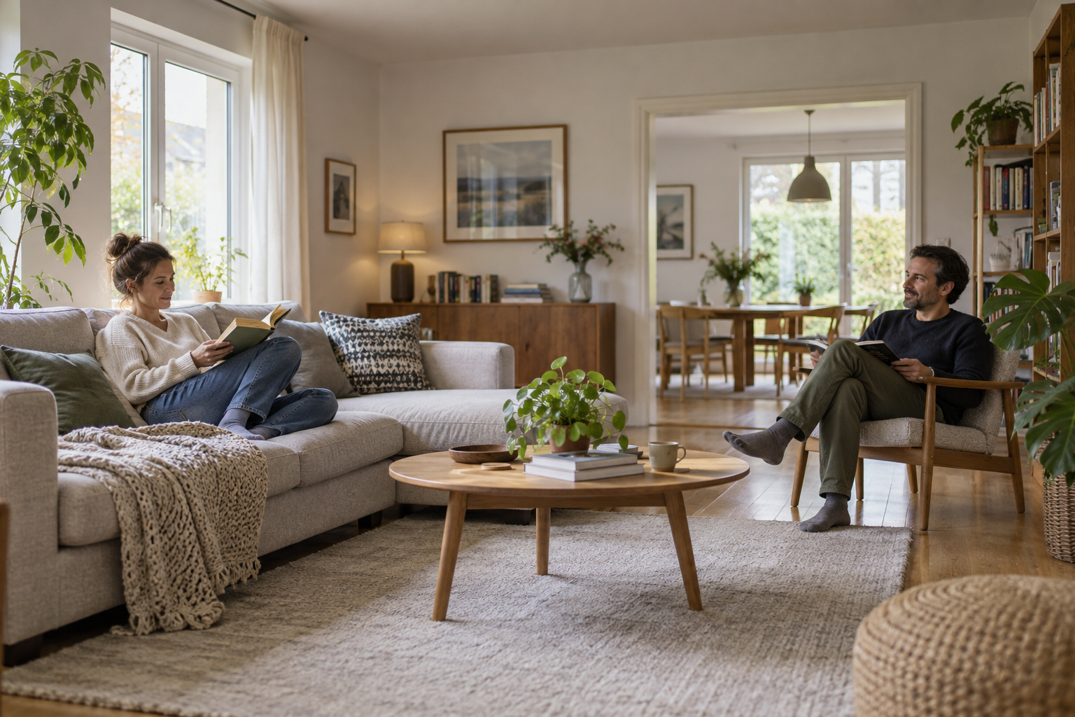 Two people in an ordinary European living room showing room size and occupancy context