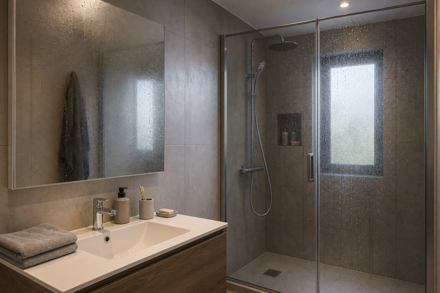 A realistic bathroom with condensation and moisture after showering, showing a common extract-ventilation use case.