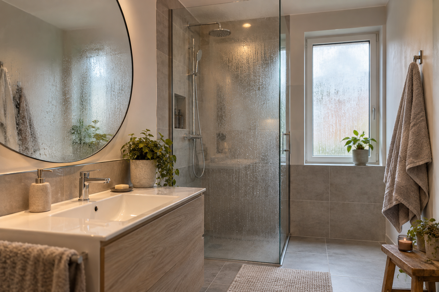Salle de bain ordinaire après une douche, avec une légère condensation sur le miroir et sur la paroi de douche