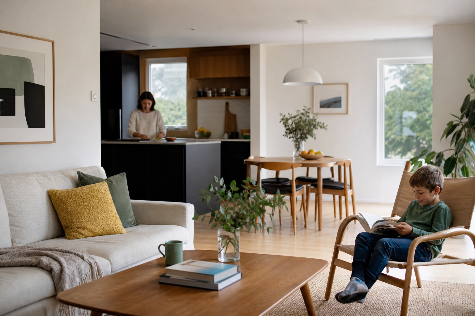 Intérieur de maison moderne et confortable, fenêtres fermées et aucun équipement de ventilation visible