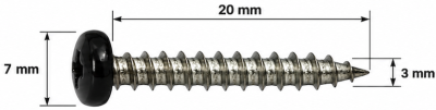 INABA DENKO melnās dekoratīvās nerūsējošā tērauda skrūves izmēri 3 × 20 mm ar 7 mm galviņu SLIMDUCT SD veidgabaliem