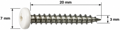 INABA DENKO Dekorschraube aus Edelstahl weiß, Abmessungen 3 × 20 mm, Kopf 7 mm, für SLIMDUCT SD Formteile