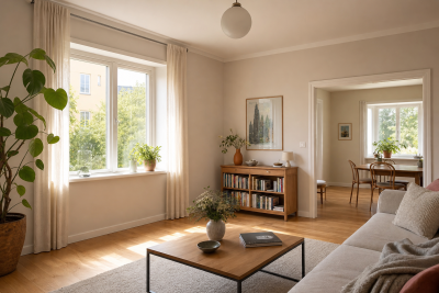 Bright modern home interior with ordinary windows and doors in a calm fresh-air setting