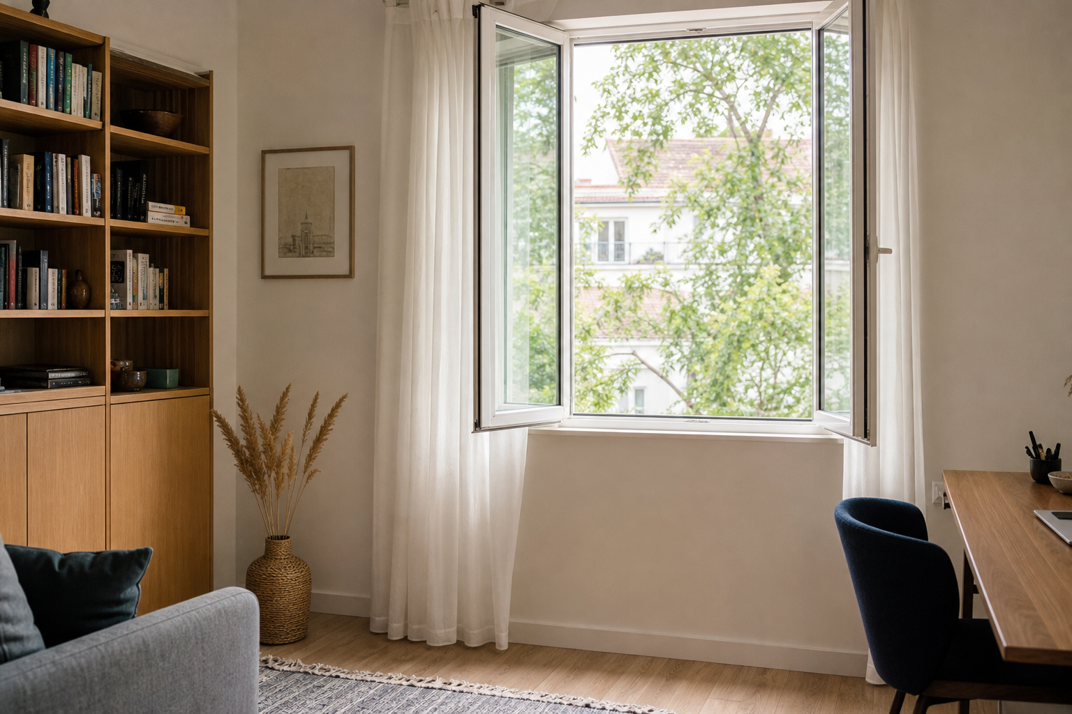 Fenêtre ordinaire ouverte dans une pièce d'habitation confortable, avec des rideaux qui bougent doucement