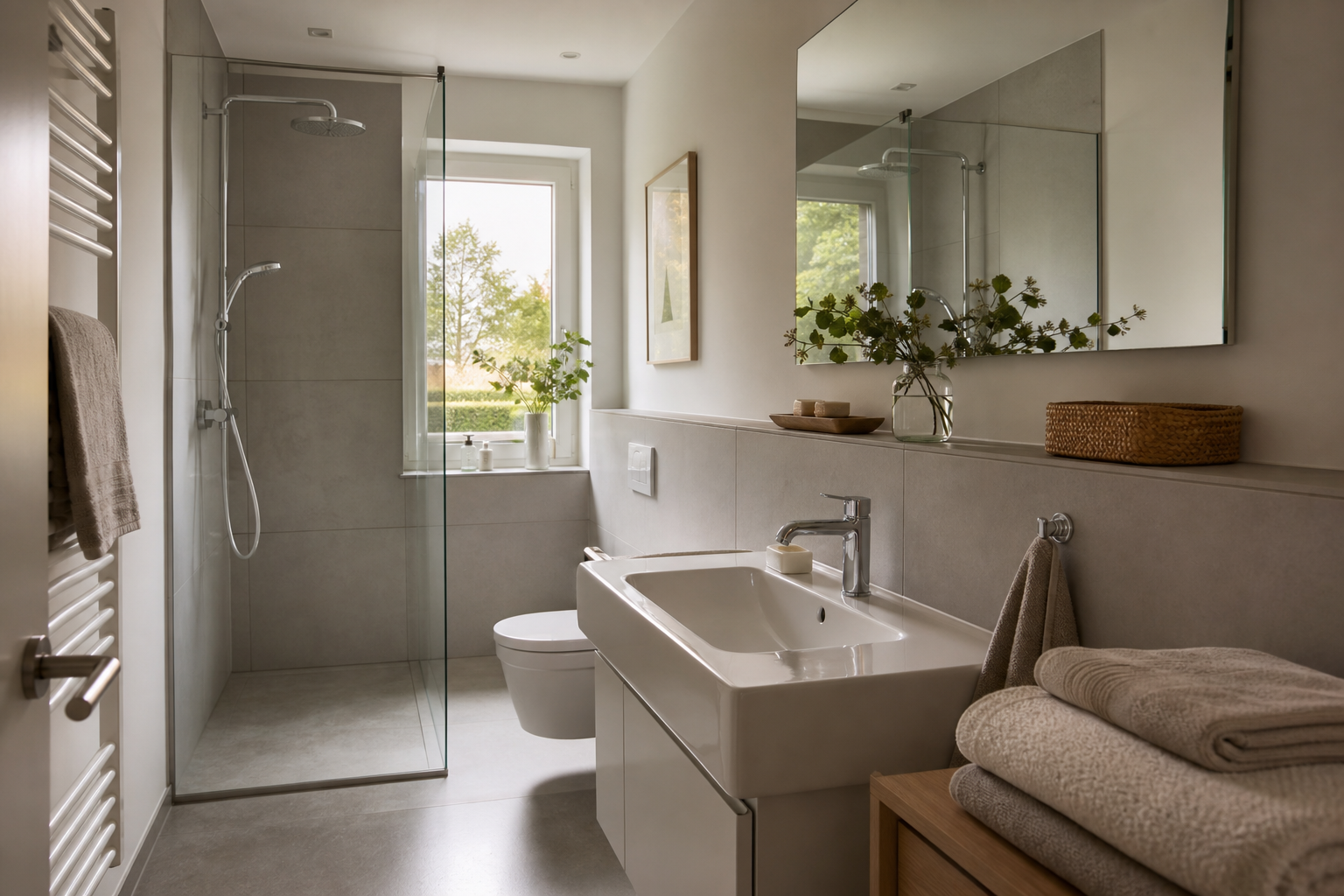 Quiet modern European bathroom with soft natural light and neutral finishes