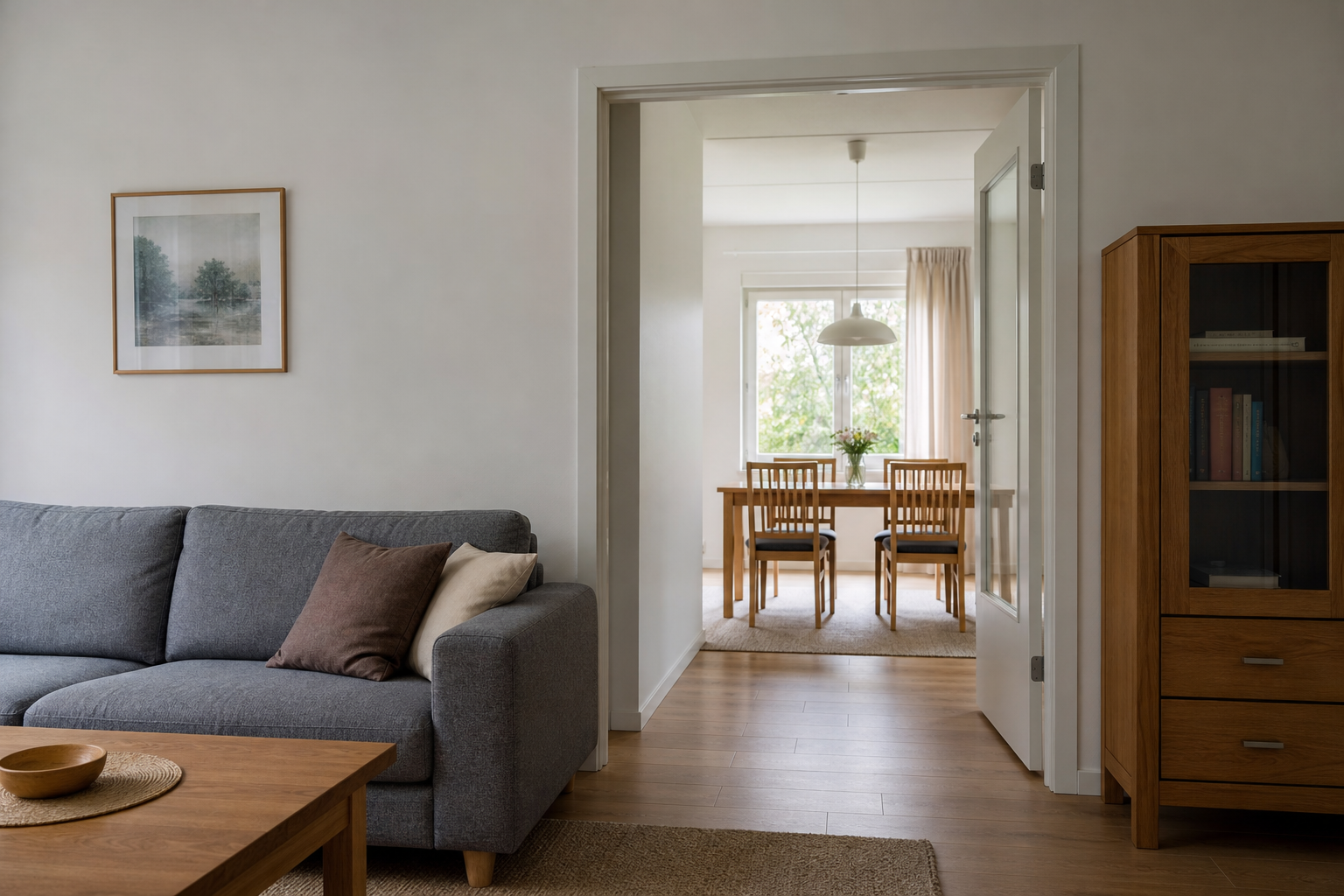 A residential room with an adjacent doorway, showing simple spatial context between rooms in a home.