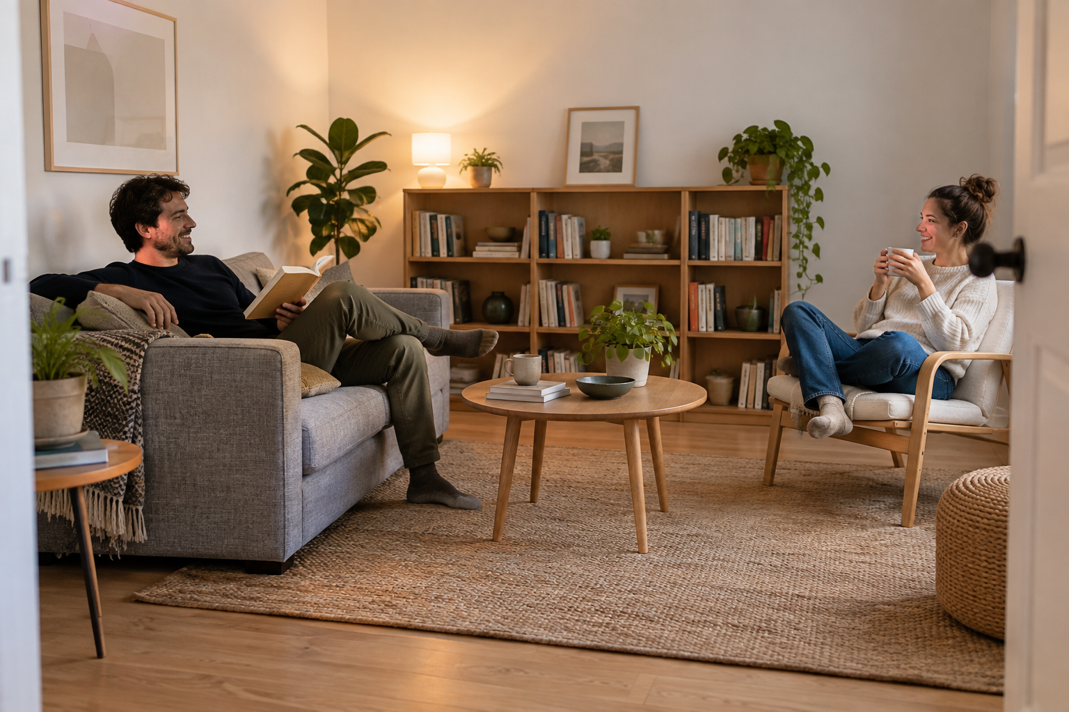Deux personnes dans une pièce d'habitation compacte, dont les proportions sont bien visibles