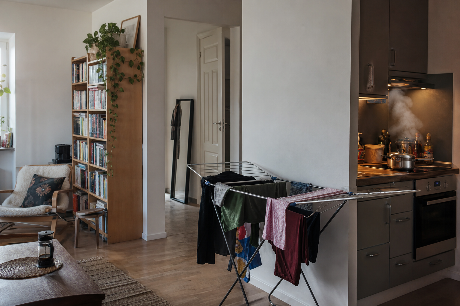Linge qui sèche à côté de la cuisine et du séjour d'un appartement compact
