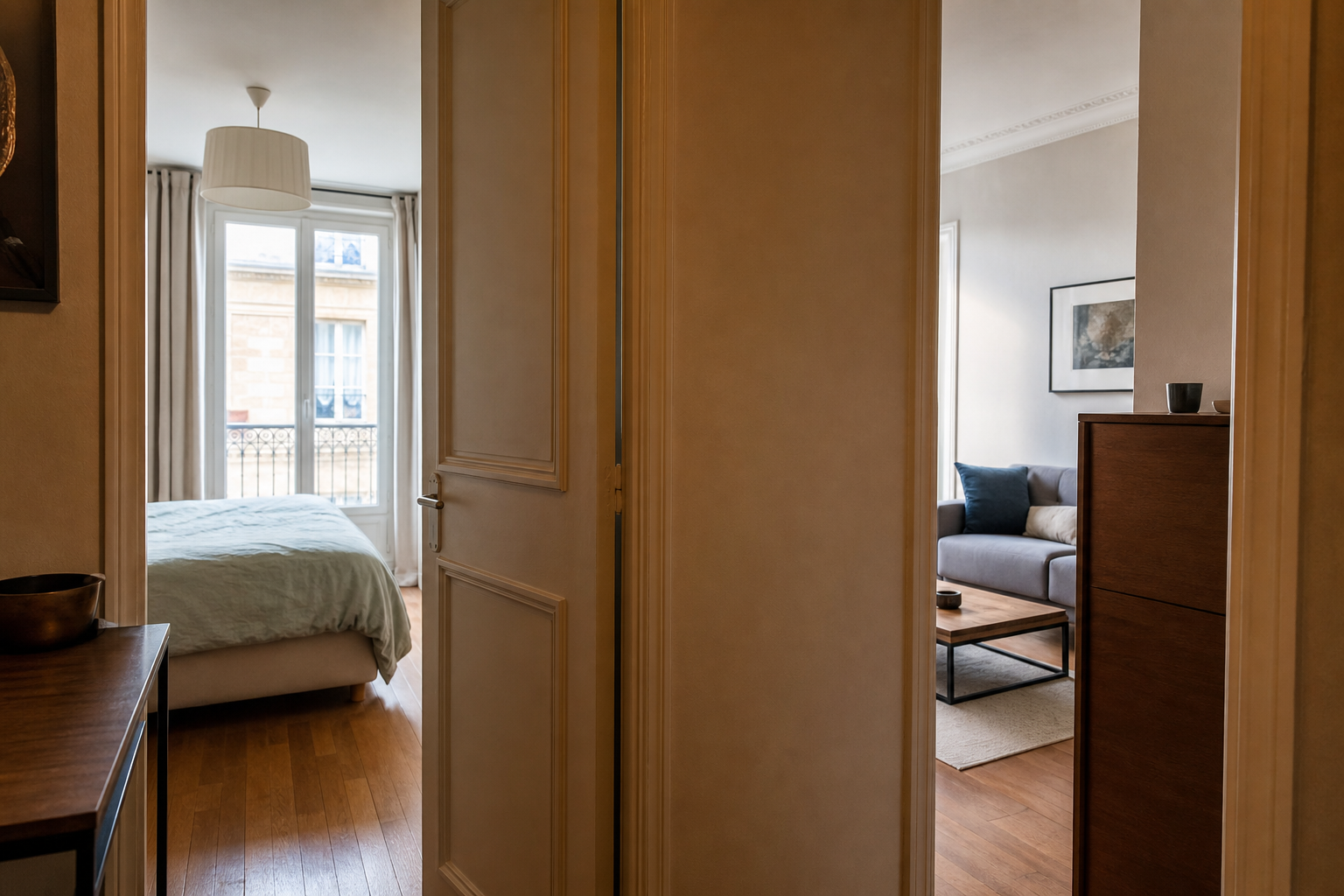Couloir d'un appartement compact, avec des portes intérieures et des meubles à proximité