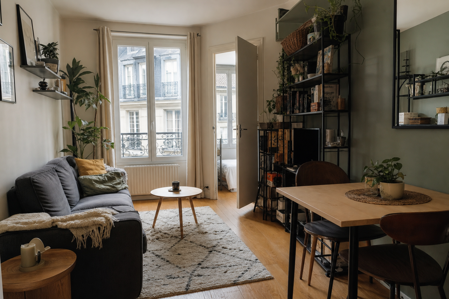 Compact apartment living room arranged for everyday living