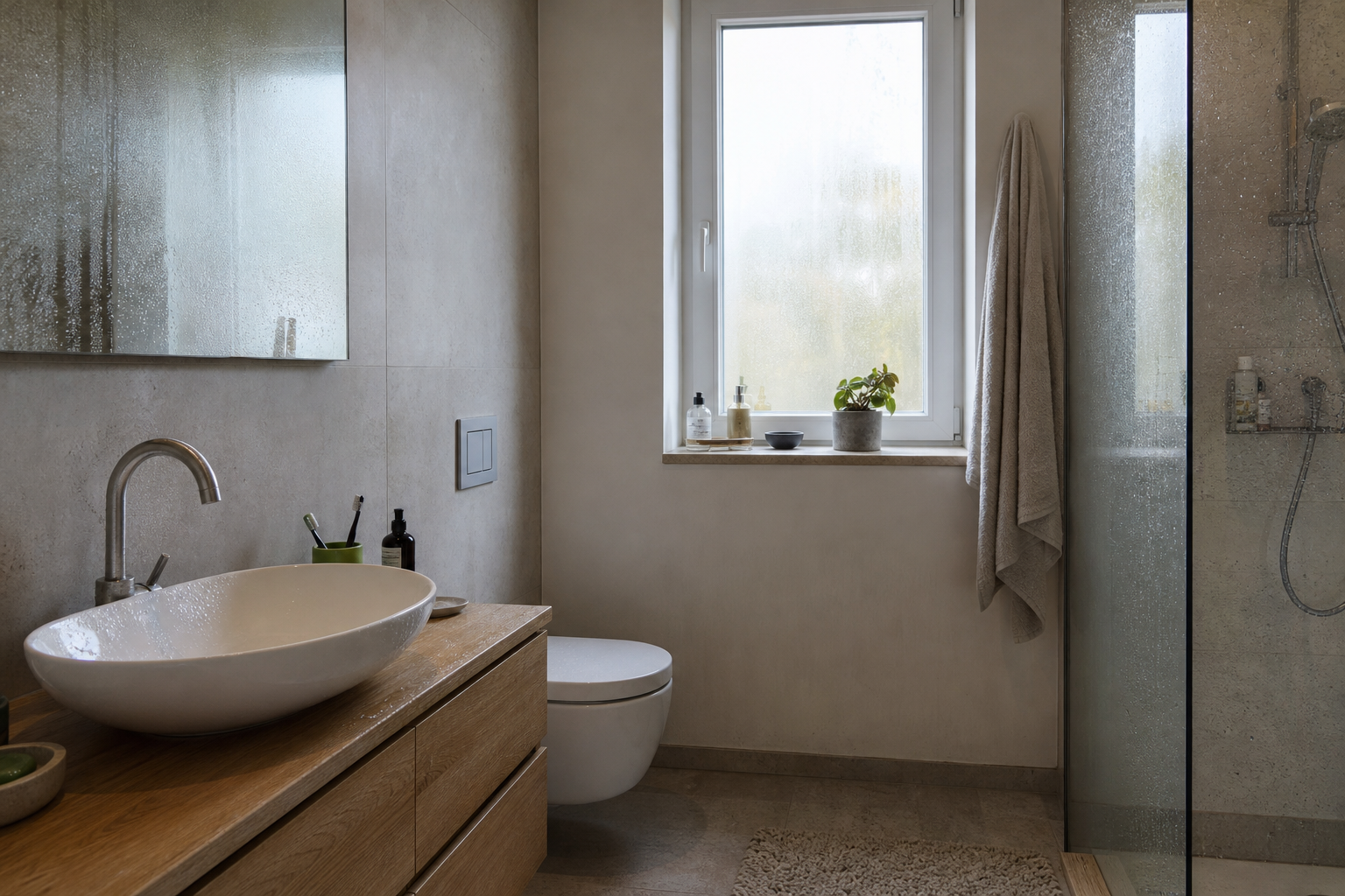 Residential bathroom with subtle condensation on the shower glass