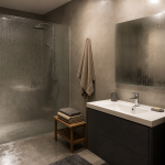 Modern windowless bathroom with light condensation after a shower