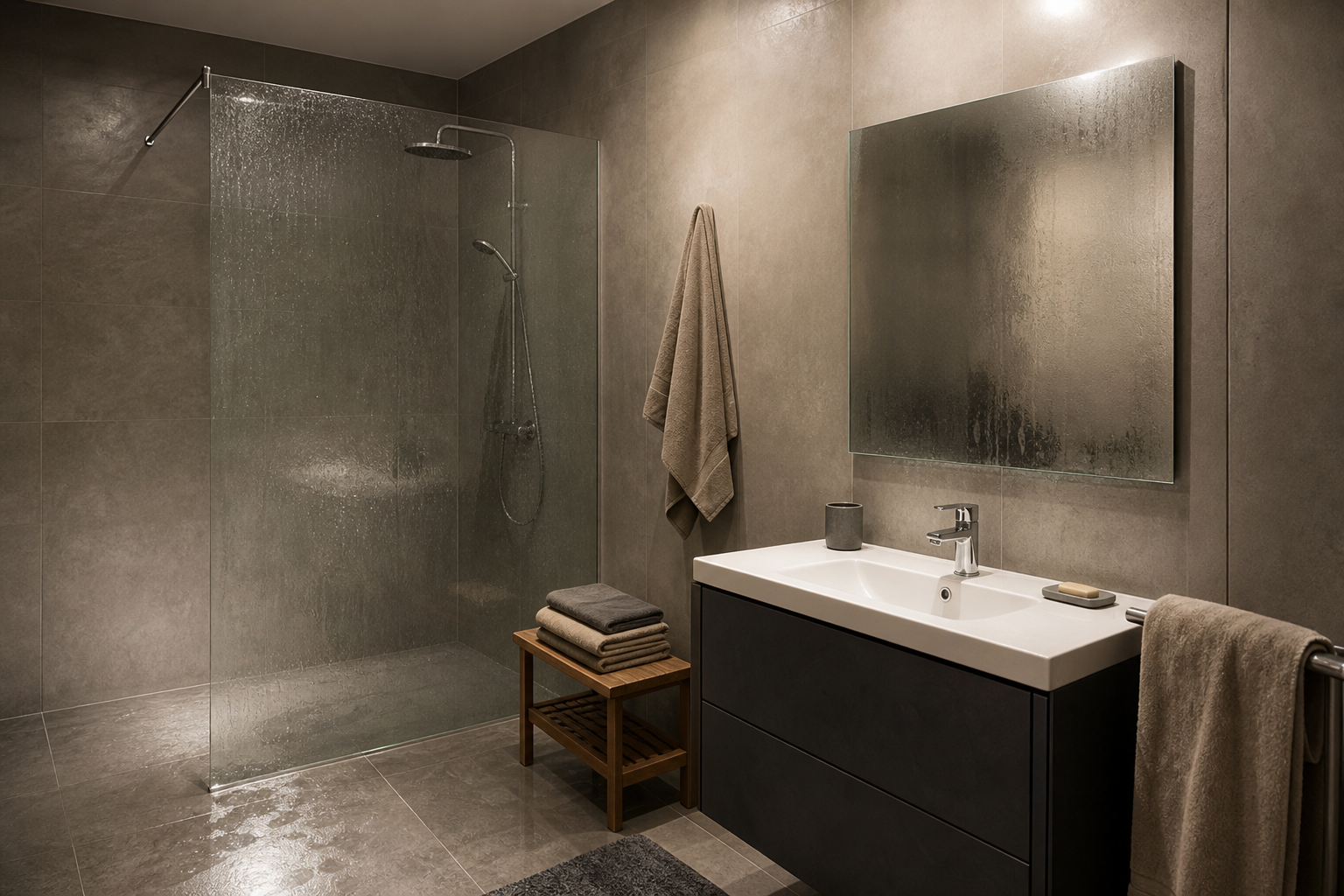 Modern windowless bathroom with light condensation after a shower