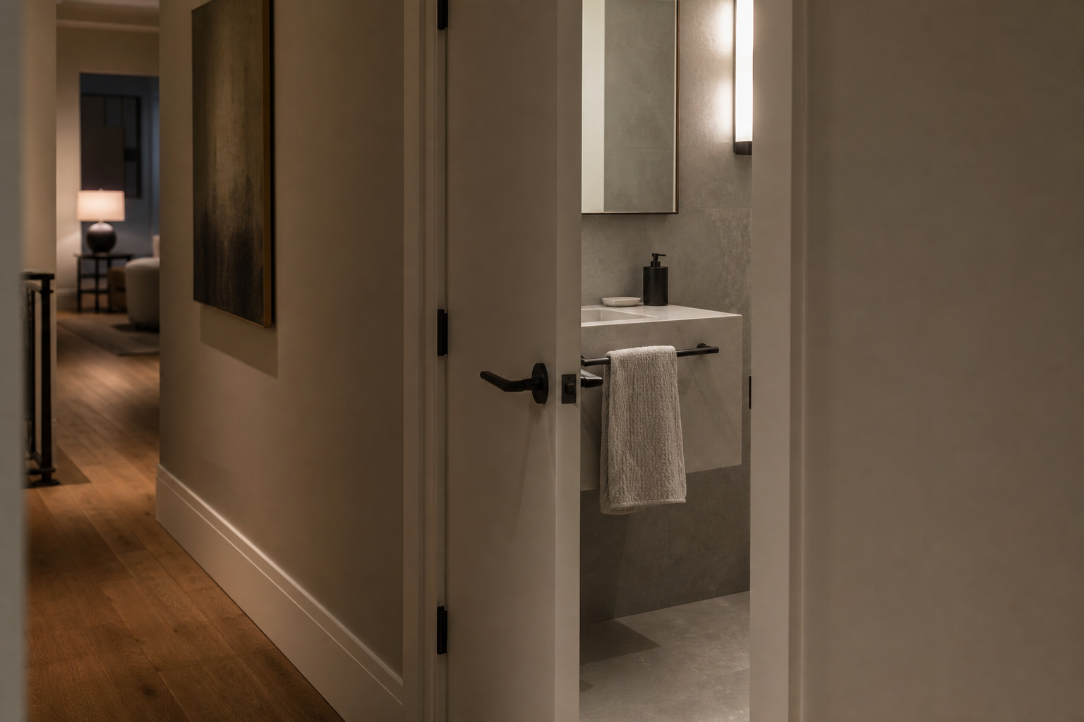 Porta interna del bagno socchiusa vista da un normale corridoio