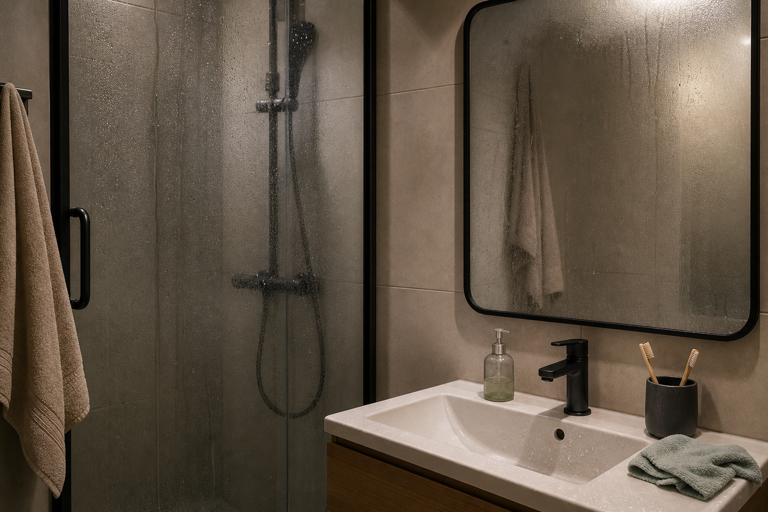 Leggera condensa sullo specchio del bagno e sul vetro della doccia dopo l’uso